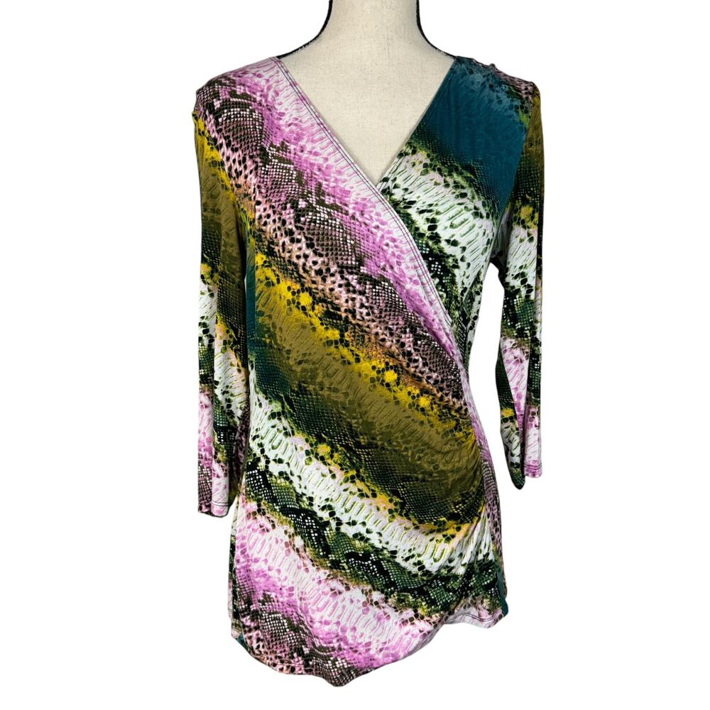 Dana Buchman Medium Top Abstract 3/4 Sleeve Stretch Surplice V-Neck Ruched Multi